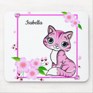 Elegant Pink Peony Flower And Cute Pink Cat Mouse Mat