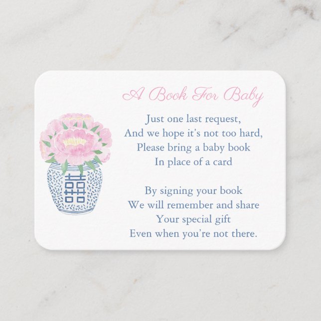 Elegant Pink Peony Girl Baby Shower Book Request Enclosure Card (Front)