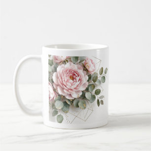 Elegant Pink Peony Gold Geometric Coffee Mug