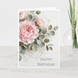 Elegant Pink Peony Gold Geometric Happy Birthday Card