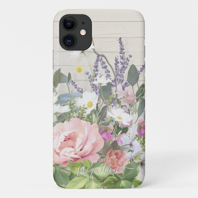 Elegant Pink Peony Lavender Floral Rustic Wood Case-Mate iPhone Case (Back)