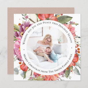 Elegant Pink Peony Modern Script Watercolor Floral Holiday Card