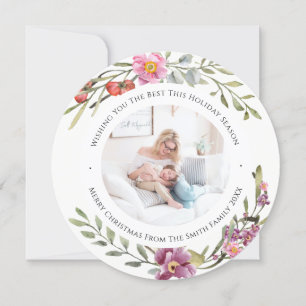 Elegant Pink Peony Modern Script Watercolor Floral Holiday Card
