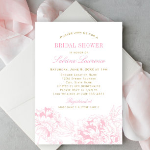 Elegant Pink Peony Sketch Gold Wedding Shower Invitation