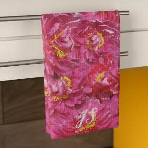 Elegant Pink Peony Stylish Calligraphy Monogram Tea Towel