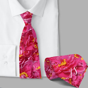 Elegant Pink Peony Stylish Calligraphy Monogram Tie
