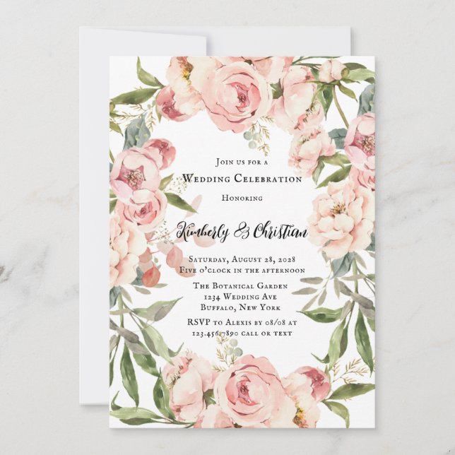 Elegant Pink Peony Watercolor Floral Wedding Invitation (Front)