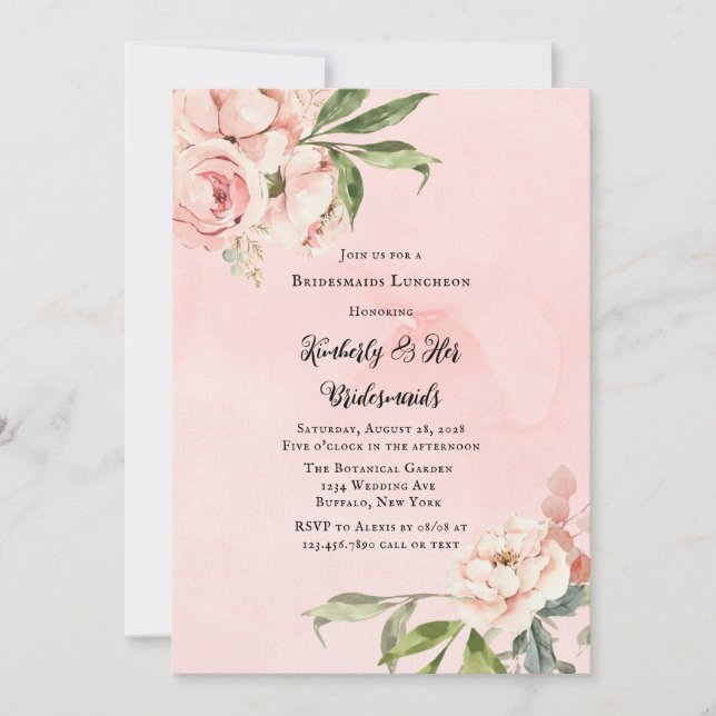 Elegant Pink Peony Wreath Bridesmaids Luncheon Invitation (Front)