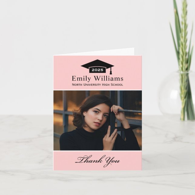 Elegant Pink Personalised Graduation Photo Thank You Card (Front)