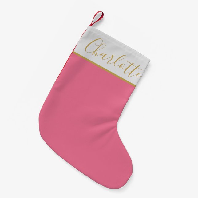 Elegant Pink Personalised Modern Script Typography Small Christmas Stocking (Front (Hanging))