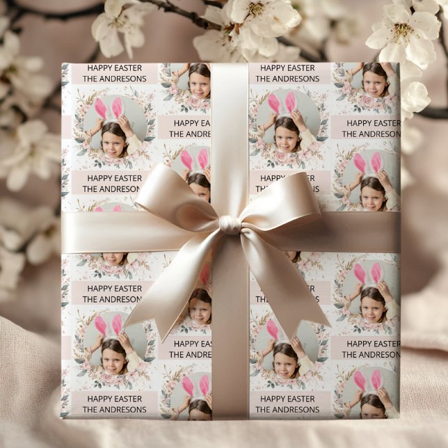 Elegant Pink Personalised Photo Happy Easter Wrapping Paper (Creator Uploaded)