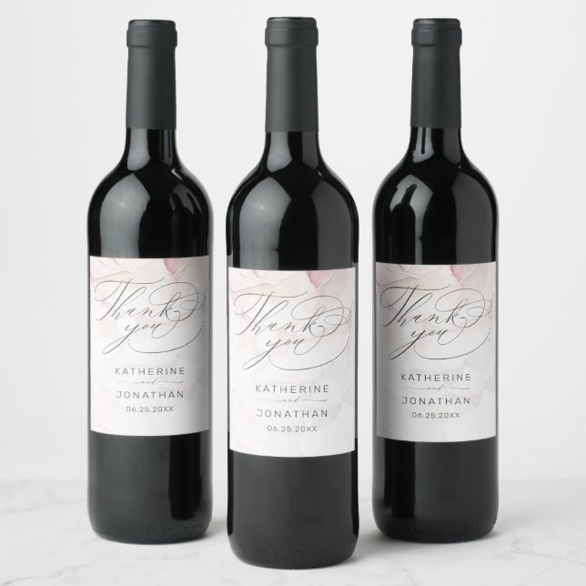 Elegant Pink Petal Floral Script Wedding Thank You Wine Label (Bottles)