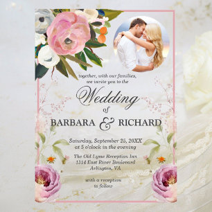 Elegant Pink Photo Floral Watercolor Wedding Acrylic Invitations