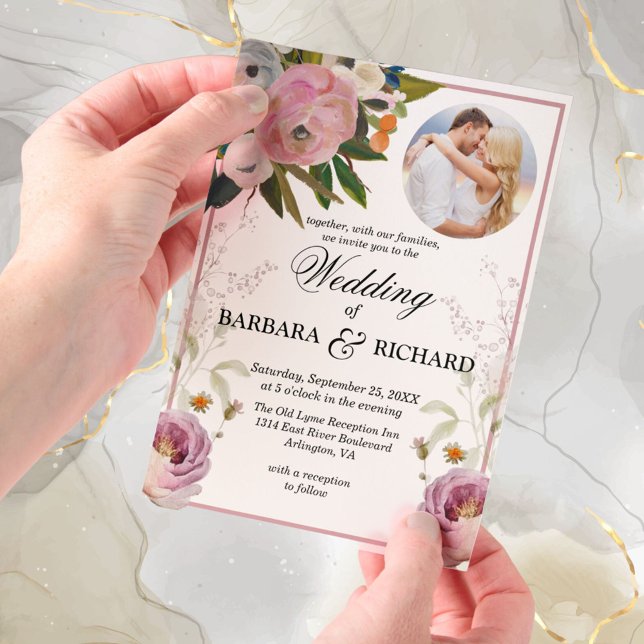 Elegant Pink Photo Floral Watercolor Wedding  Vellum Invitations (Creator Uploaded)