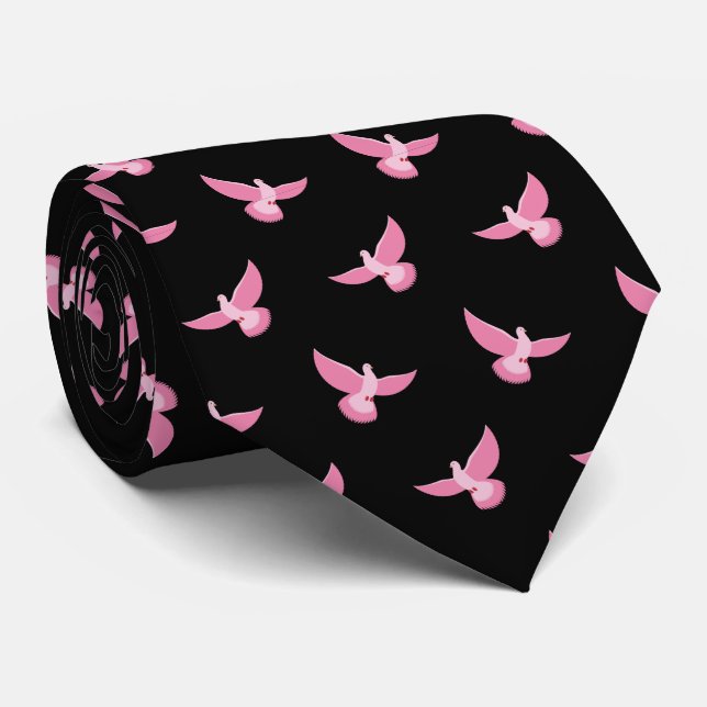 Elegant Pink Pigeon on Black Seamless Pattern Tie (Rolled)