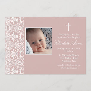 Elegant Pink Plum & White Damask Baptism Invite