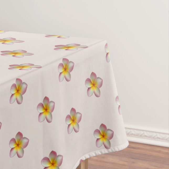 Elegant Pink Plumeria Flowers on Champagne Beige Tablecloth (In Situ)