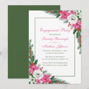 Elegant Pink Poinsettia Christmas Engagement Party Invitation