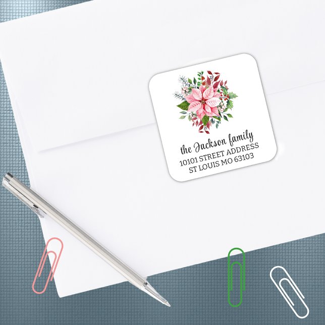 Elegant Pink Poinsettia Return Address Sticker (Creator Uploaded)