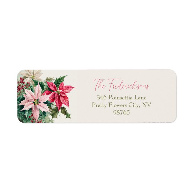 Elegant Pink Poinsettias Christmas Return Address  (Front)