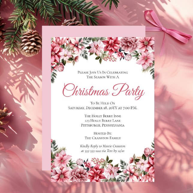 Elegant Pink Poinsettias Floral Christmas Party Invitation (Elegant Pink Poinsettias Floral Christmas Party Invitation)