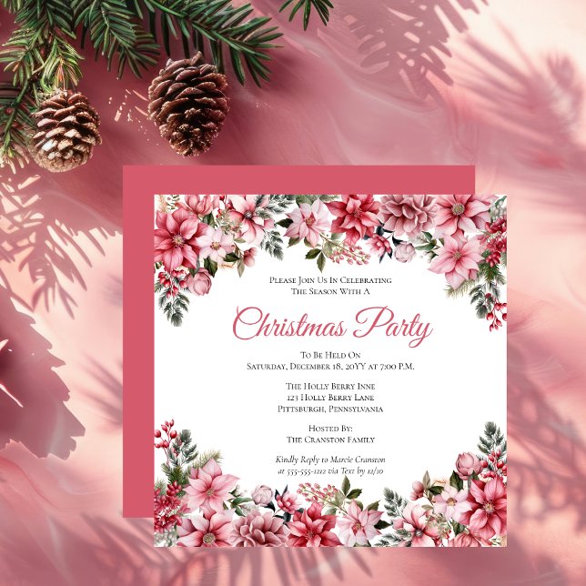 Elegant Pink Poinsettias Floral Christmas Party Invitation (Elegant Pink Poinsettias Floral Christmas Party Invitation)