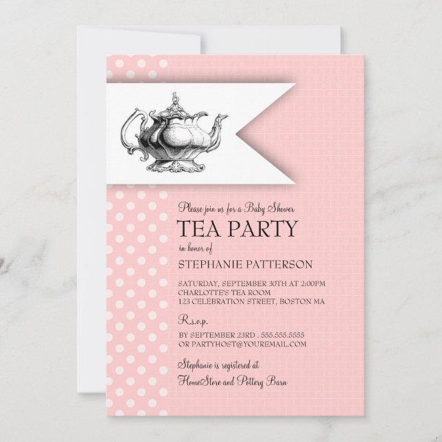 Elegant Pink Polkadot Baby Shower Tea Party Invitation (Front)