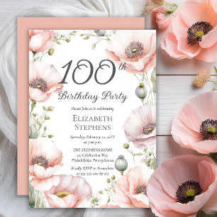 Elegant Pink Poppies Floral 100th Birthday Party Invitation