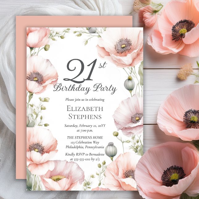 Elegant Pink Poppies Floral 21st Birthday Party Invitation (Boho Elegant Pale Pink Poppies Floral 21st Birthday Party Invitation - Print | Digital Download)