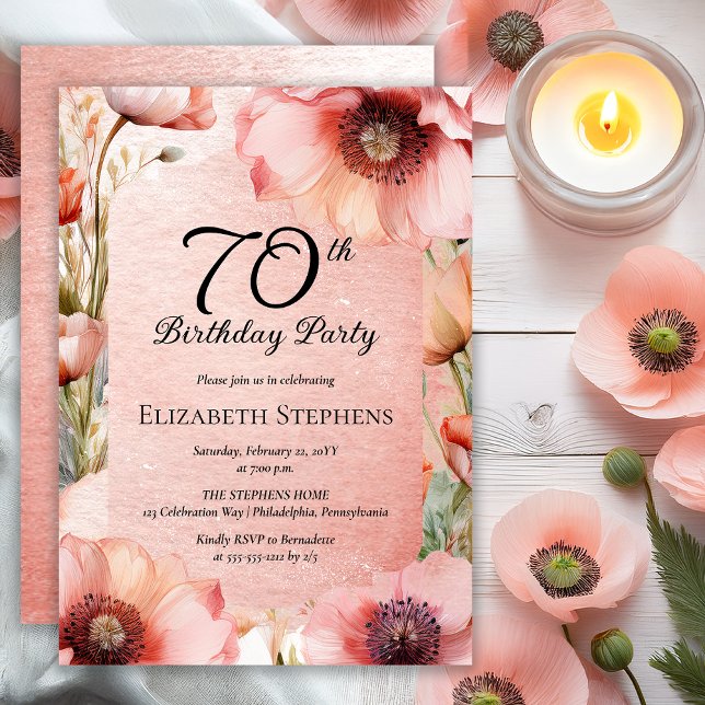 Elegant Pink Poppies Floral 70th Birthday Party Invitation (Elegant Pink Poppies Floral 70th Birthday Party Invitation - Print | Digital Download)
