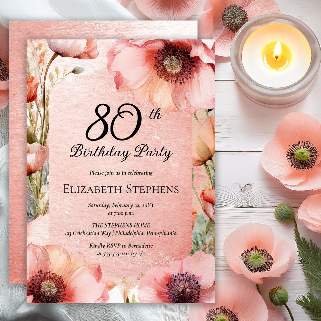 Elegant Pink Poppies Floral 80th Birthday Party Invitation (Elegant Pink Poppies Floral 80th Birthday Party Invitation - Print | Digital Download)