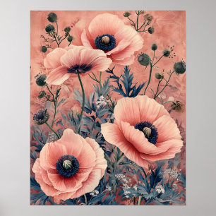Elegant Pink Poppies Leaves Floral Poster
