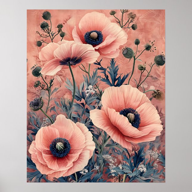 Elegant Pink Poppies Leaves Floral Poster (Front)