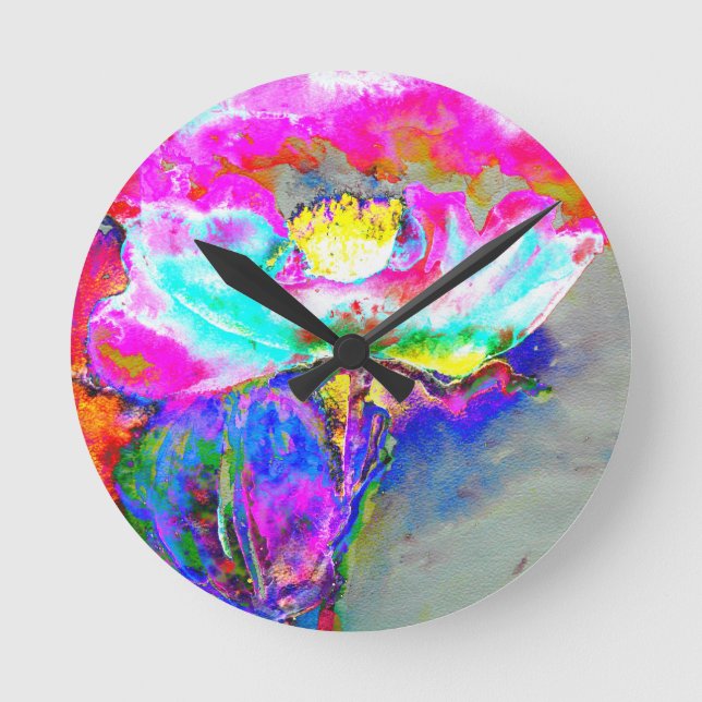Elegant Pink Poppy watercolor floral painting Round Clock (Front)