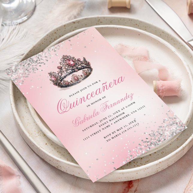 Elegant Pink Princess Crown Quinceanera Invitation (Creator Uploaded)
