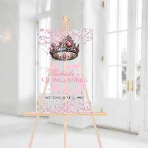 Elegant Pink Princess Crown Quinceanera Welcome Acrylic Sign
