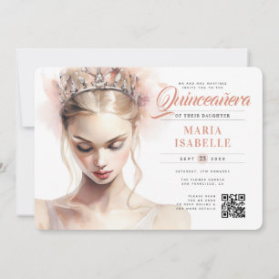 Elegant Pink Princess QR Code Quinceañera Invitation