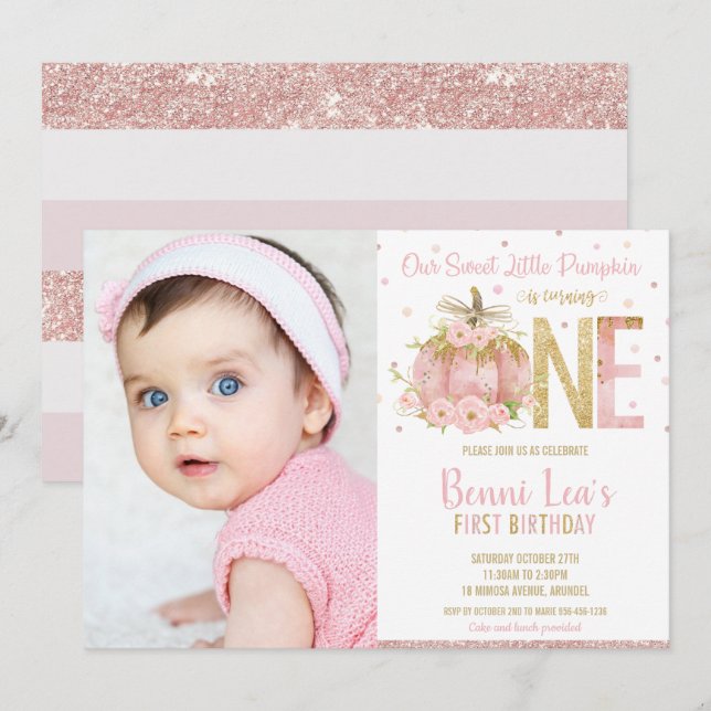 Elegant Pink Pumpkin 1st Birthday One Girl Photo Invitation (Front/Back)