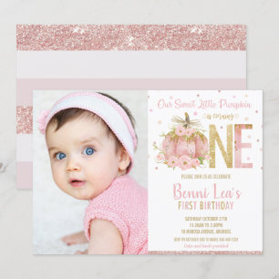 Elegant Pink Pumpkin 1st Birthday One Girl Photo Invitation