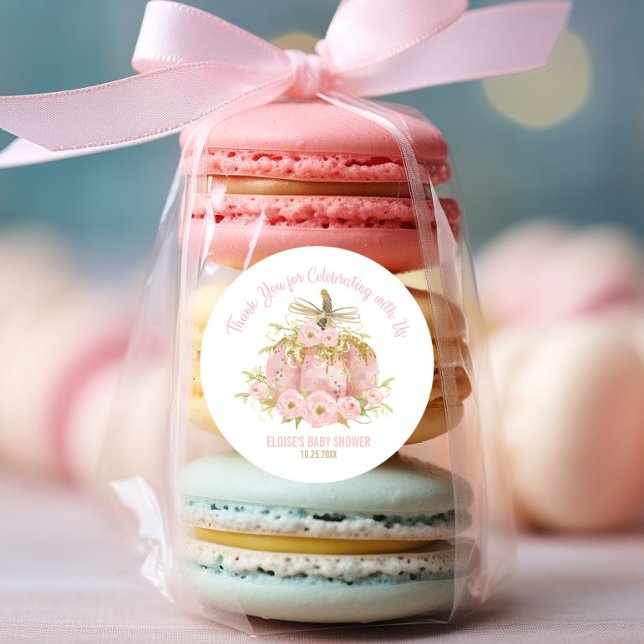 Elegant Pink Pumpkin Baby Shower Favour Thank You Classic Round Sticker (Creator Uploaded)