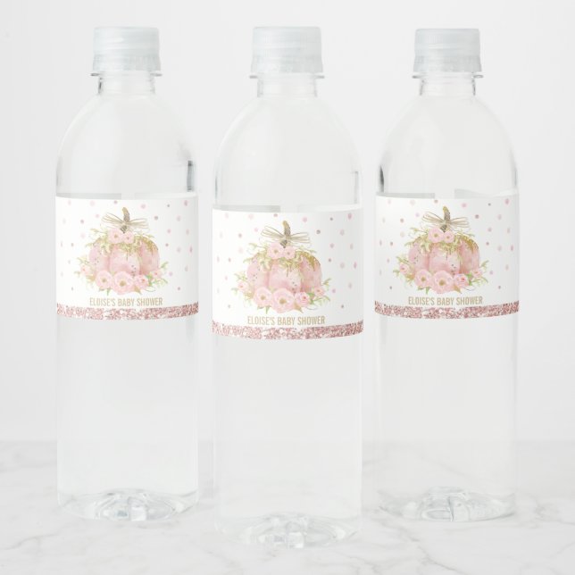 Elegant Pink Pumpkin Baby Shower Girl Favour Water Bottle Label (Bottles)