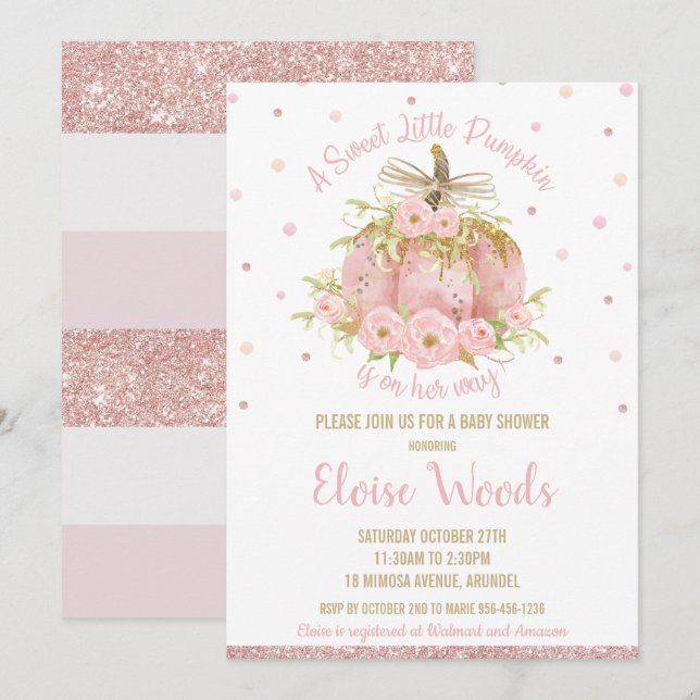 Elegant Pink Pumpkin Baby Shower Girl Invitation (Front/Back)