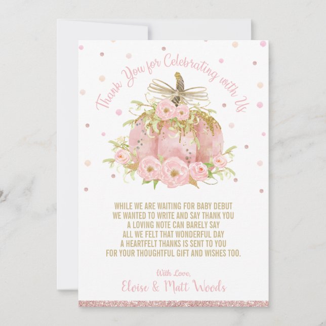 Elegant Pink Pumpkin Baby Shower Girl Thank You Card (Front)