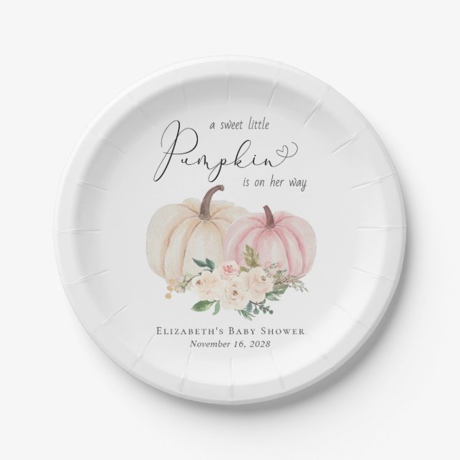 Elegant Pink Pumpkin Floral Baby Girl Shower Paper Plate (Front)