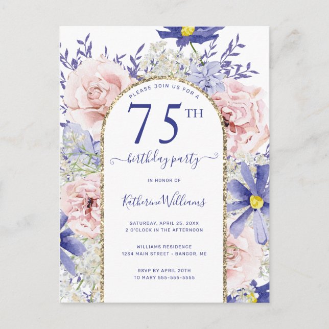 Elegant Pink Purple 75th Birthday Party Invitation Postcard (Front)