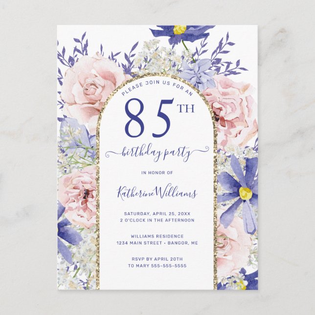 Elegant Pink Purple 85th Birthday Party Invitation Postcard (Front)