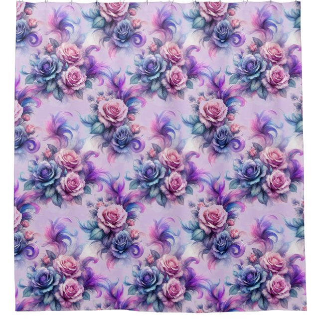 Elegant Pink, Purple, and Blue Roses Design Shower Curtain (Front)