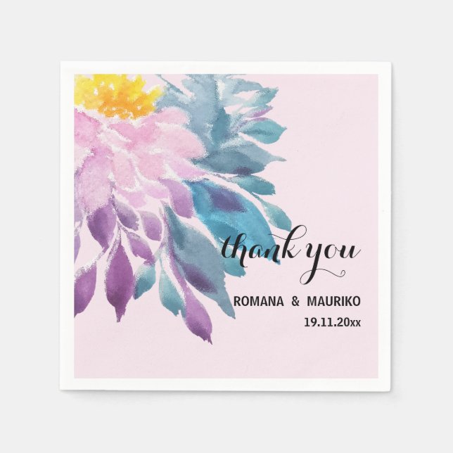 Elegant Pink Purple Blue Dahlia Watercolor Art Napkin (Front)