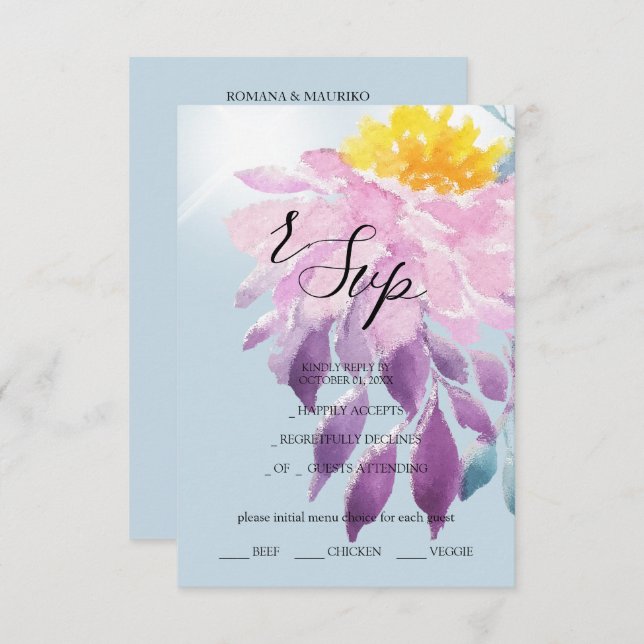 Elegant Pink Purple Blue Dahlia Watercolor Art RSVP Card (Front/Back)
