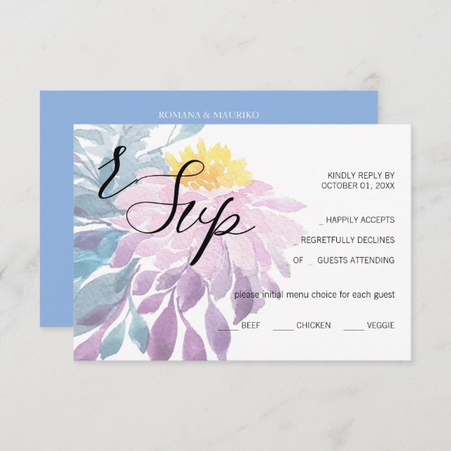 Elegant Pink Purple Blue Dahlia Watercolor Art RSVP Card (Front/Back)